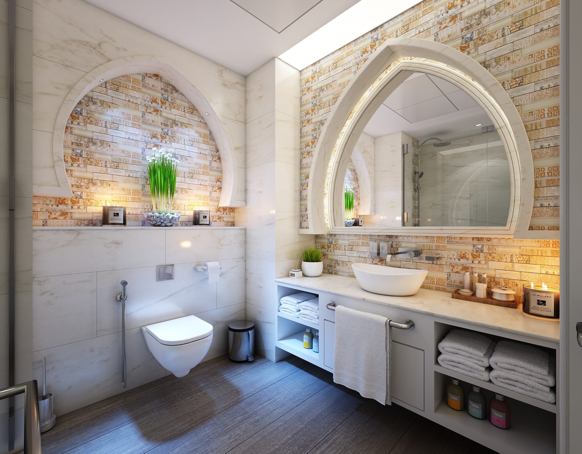 A bathroom with illuminated mirrors and carefully positioned lights