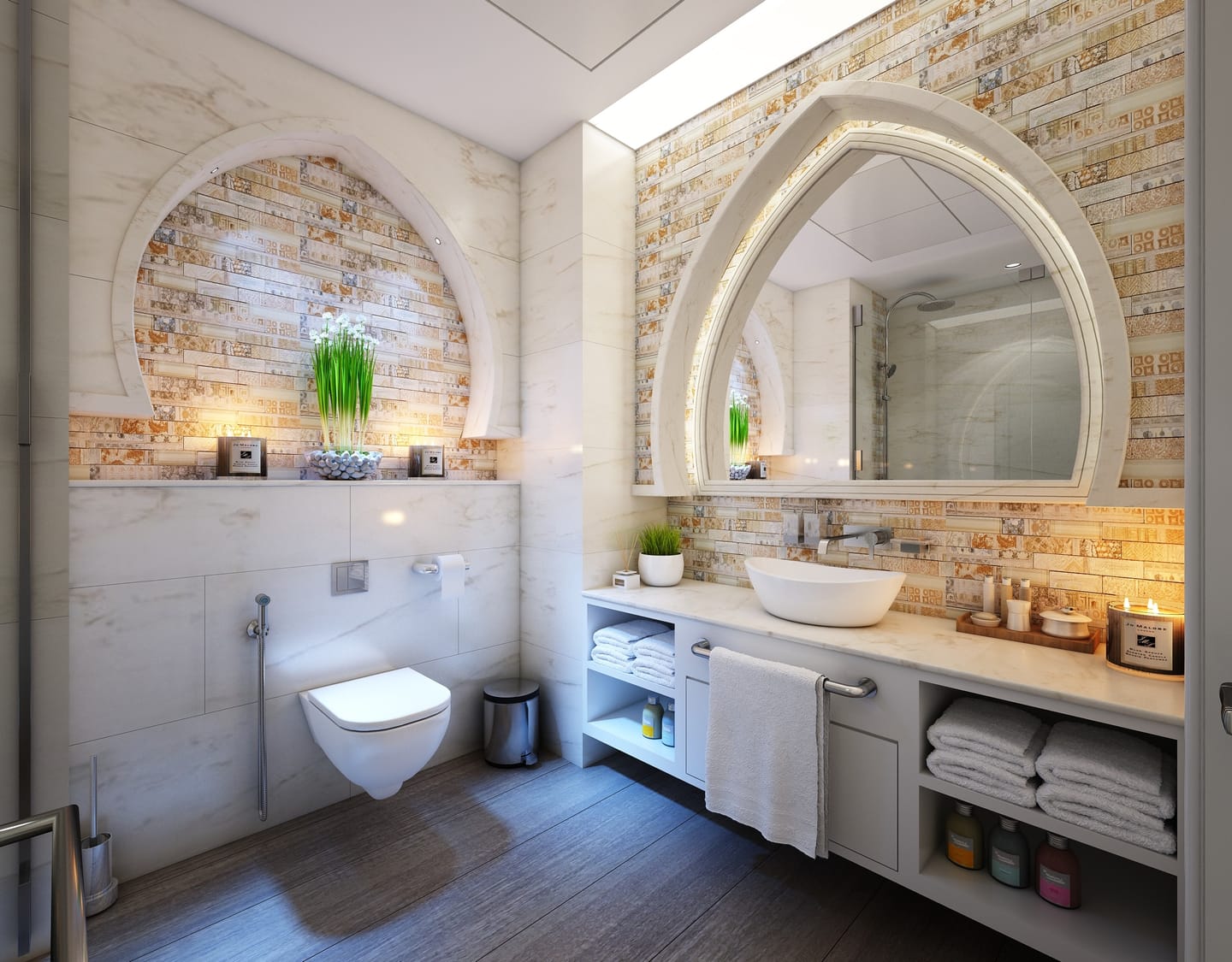 A bathroom with illuminated mirrors and carefully positioned lights