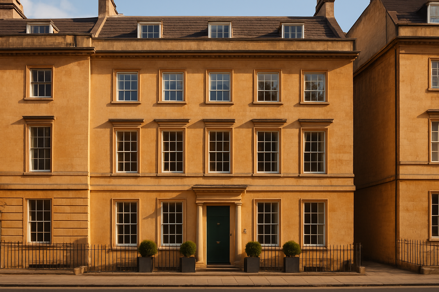 A restored honey-stone Georgian hotel on a historic street in Bath.
