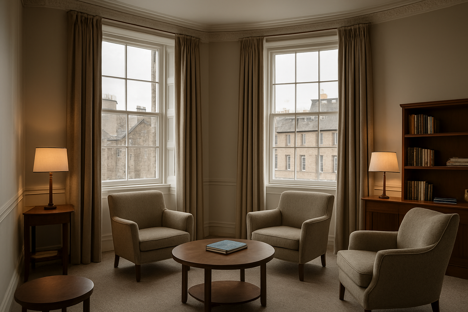 A warm hotel lounge in an Edinburgh townhouse, with armchairs and tall sash windows.