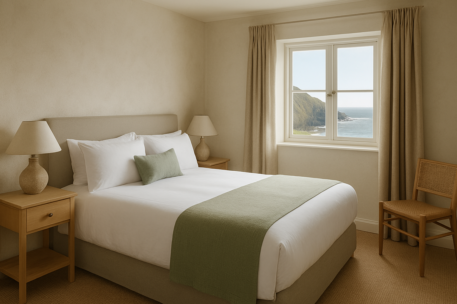 A calm standard double room at a Cornish hotel, with crisp white linen and a coastal glimpse.